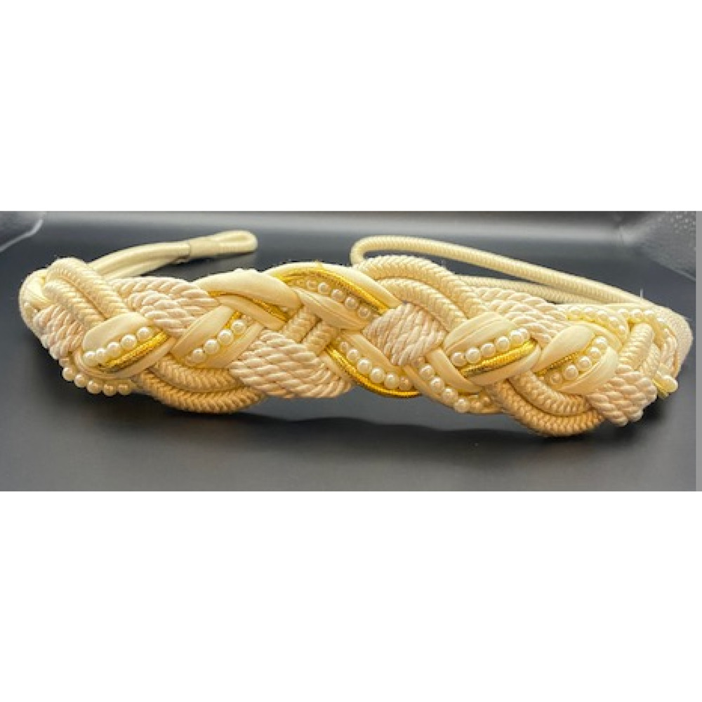 USED Vintage Cream/Off White Braided Woven Cord Belt with pearl & gold detailing - Picture 3 of 8